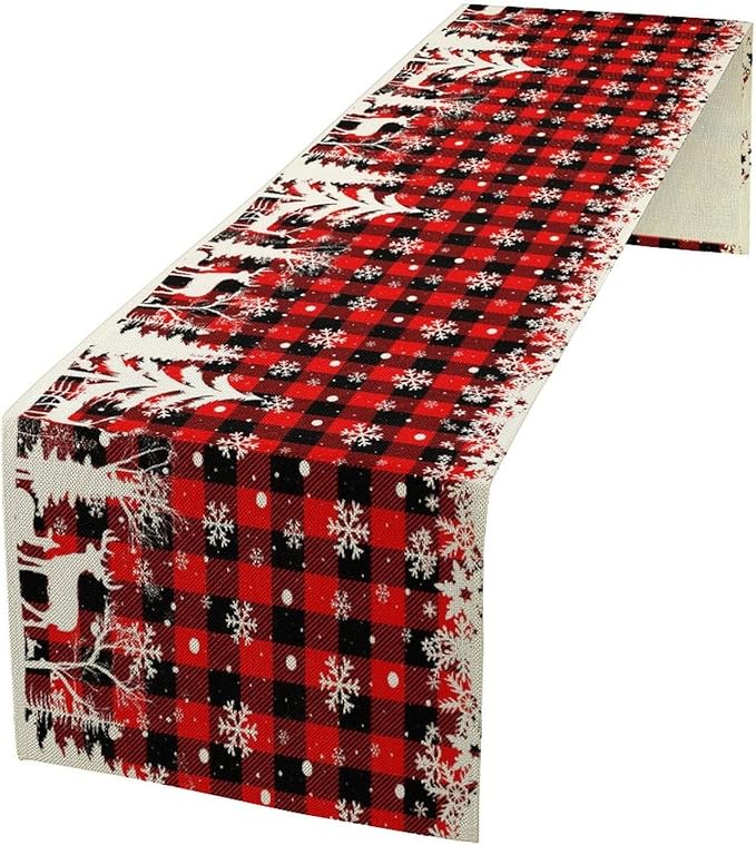 Christmas Table Runner,Red Black Plaid Xmas Snowflakes Deer Trees Print Tablecloth Burlap for Hotel Indoors Outdoor Dining Room Kitchen Home Decor,W13X L60 in
