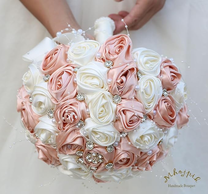 Bridal Wedding Bouquet Round Bling Brooch Bouquet Throw Toss Artificial Rose Flower Bunch for Bride Bridesmaid Wedding Quinceanera(Peach Pink & Ivory, 9.8")
