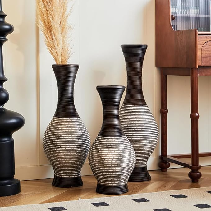 Floor PVC Decorated Vases Set of 3 for Gorgeous Home Decoration Large Classic PVC Vases 20in/24in/28in Height(Brown+White)