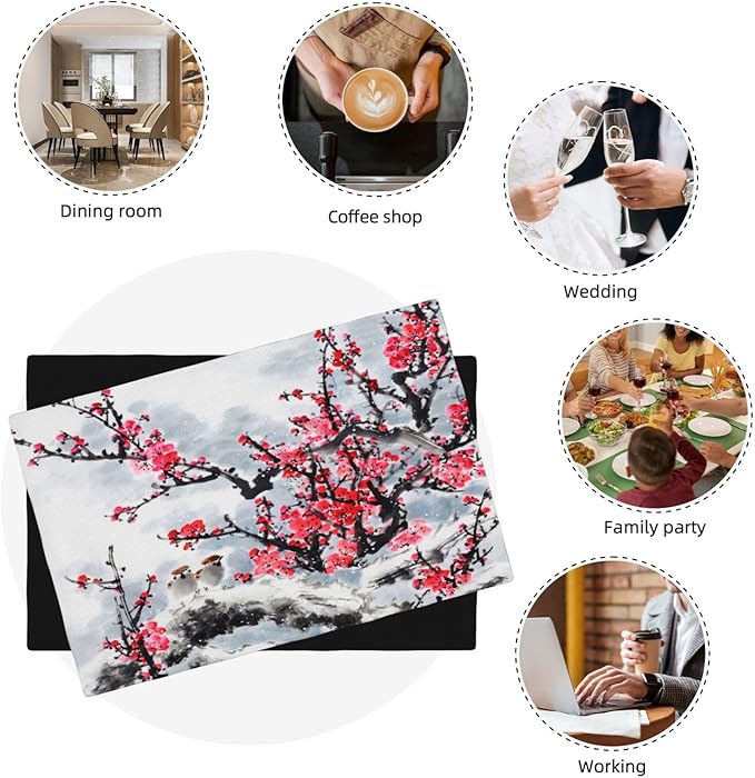 Ink Painting Cherry Blossoms Placemats Set of 4,Vintage Chinese Art Ink Painting Flower Linen Placemats Decoration for Family Dinners, Party, Holidays, Gathering 4 PCS