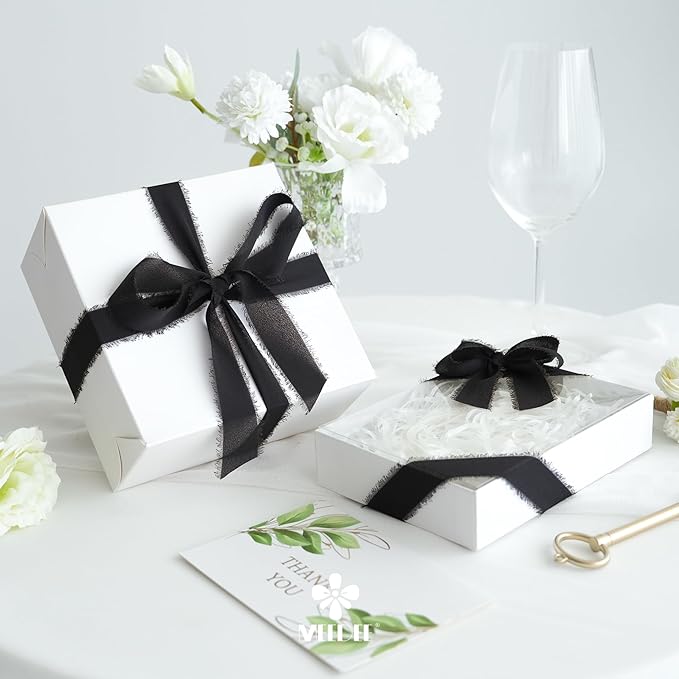 MEEDEE Black Chiffon Ribbon 1 Inch Frayed Ribbon Chiffon Silk Ribbons Black Fringe Thin Chiffon Ribbons for Crafts, Gift Wrapping, Wedding Invitation (3 Rolls 21 Yards)