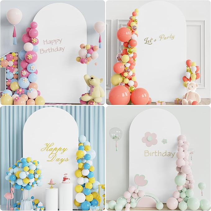 Putros 7.2ft Metal Arch Stand with Cover White Spandex Fitted Wedding Arch Cover and Round Top Chiara Backdrop Stand Set for Birthday Party Baby Shower Decoration