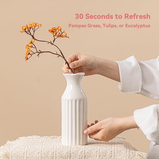 White Ceramic Vase - 8.3" Unique Flower Vase with Vertical Ribbed Texture, Decorative Boho/Farmhouse Vase for Living Room, Office Desk & Housewarming Gift (for Her/Yourself)