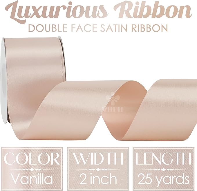 MEEDEE Vanilla Satin Ribbon 2 Inch Vanilla Ribbon Lux Double Faced Ribbons by 25 Yards Silk Ribbons for Gift Wrapping, Satin Weddings, Flower Bouquet, Holiday Decorating