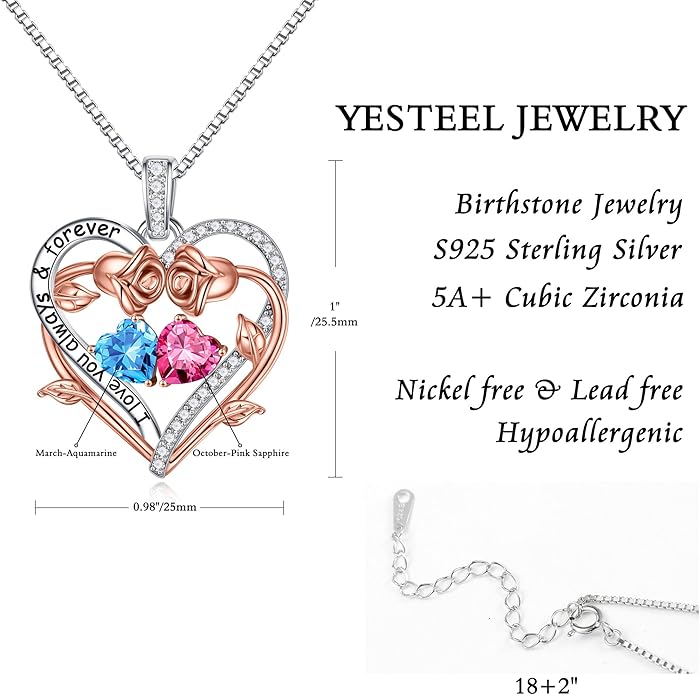 Iefil Rose Heart Double Birthstone Necklace Gifts for Wife Her Mom Women, Birthstone Jewelry Gemstone Birthday Gifts for Girlfriend Grandma Her Wife Women