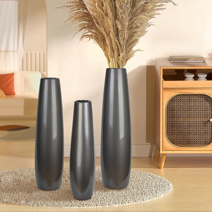 Silvery Ceramic Tall Floor Vase,24 Inch Large Modern Flower Vases for Home Décor,Wicker Big Floor Vases Decorations for Farmhouse, Living Room,Bedroom,Standing Plastic Vase Decorative Tall