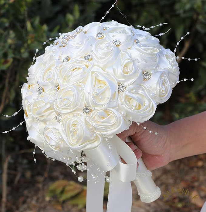 Bridal Wedding Bouquet Round Bling Brooch Bouquet Throw Toss Artificial Rose Flower Bunch for Bride Bridesmaid Wedding Quinceanera(Ivory, 9.8")