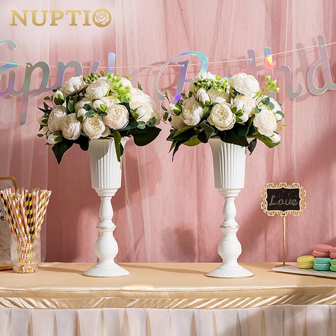 Nuptio 2 Pcs Metal Flower Vase White Table Decorative Centerpiece, Elegant Wedding Centerpieces Vase for Party Anniversary Ceremony Decoration, 31.9cm Tall Artificial Flower Arrangements