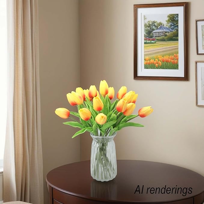 Artificial Flowers 10 Heads Mini Real Touch Artificial Tulip for Home Wedding Party Centerpiece Decoration (Orange)