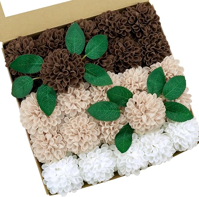 Artificial Flowers, 100pcs Artificial Rose for DIY Bouquets Arrangement,Chocolate and Tan Dahlia Flowers Foam Fake with Stems for Wedding Shower Party Floral Arrangements Tables Home Decorations