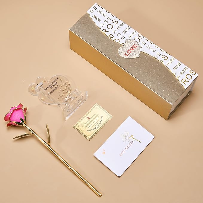 Mikasol Gold Dipped Real 24K Forever Preserved Rose, 1 Pack Infinity Flower Decor Hand Dipped Romantic Gift for Women in Her Wife Girlfriend Birthday Anniversary Valentines Mothers Day Christmas(Pink)
