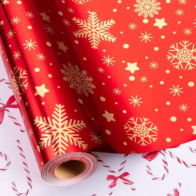 MAYPLUSS Christmas Wrapping Paper Roll - 17 Inch X 33 Feet - Gold Snowflake Star Reversible Candy Cane Gift Wrapping Paper, Thick Wrap Paper for Holiday Party New Year Kids