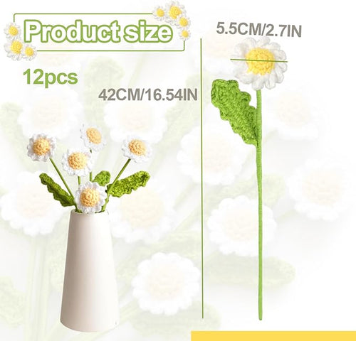 12Pcs Crochet Flowers, Artificial Daisy Crochet Flower Bouquet, Realistic Flower for Mother's Day Valentines Day Birthday Wedding Home Decor, White