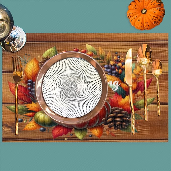Thanksgiving Pumpkin Holiday Rainbow Placemats Set of 1 PVC Vinyl Non Slip Table Mats Heat Resistant Place Mats Washable Wipeable Dining Table Mat for Kitchen Party Indoor Outdoor Decorative Gift