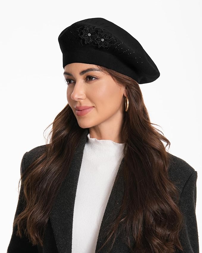 Flower Embroidery Beret Hat for Women, French Style Knitted Beret Hats, Stylish Solid Color Beret Cap for Women Girls Lady