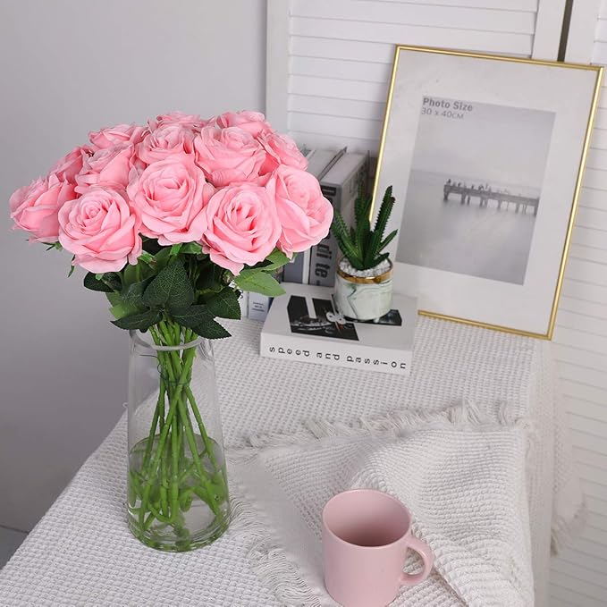 Nubry Artificial Silk Rose Flower Bouquet Lifelike Fake Rose for Wedding Home Party Decoration Event Gift 10pcs (Pink)