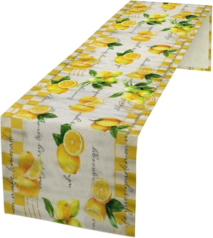 Lemon Table Runner, Summer Yellow Fruits Green Leaves Kitchen Dinning Table Decoration for Indoor Outdoor Home Party Decor 13x36 in