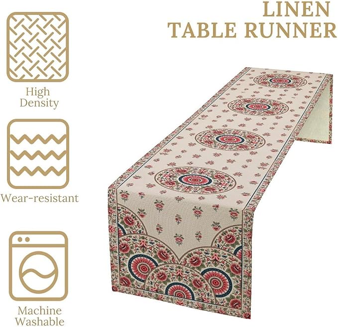 Bohemian Floral Table Runner, Vintage Ethnic Mandala Pink Flowers Boho Design Table Runner for Kitchen Dining Party Wedding, 13x108 Inch