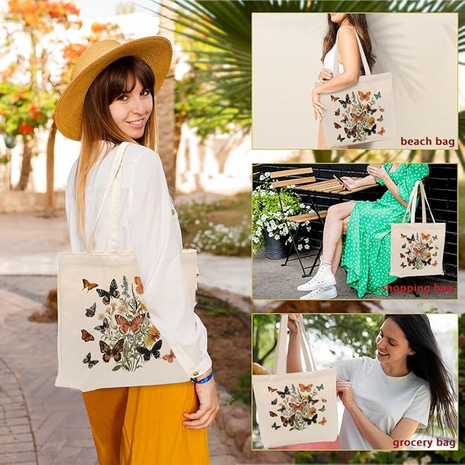 Aesthetic Floral Canvas Tote Bag for Women with Pocket, Tote Bags for Grocery Shopping Work Gym Christmas Birthday