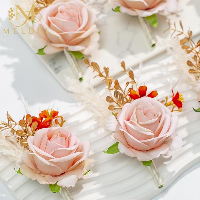 Meldel Pink Velvet Rose Boutonniere for Men,Set of 6,Groom and Best Man Boutonnieres with Artificial Flower,for Wedding Ceremony Anniversary, Formal Dinner Party, Fall Vintage Rustic Marriage Prom