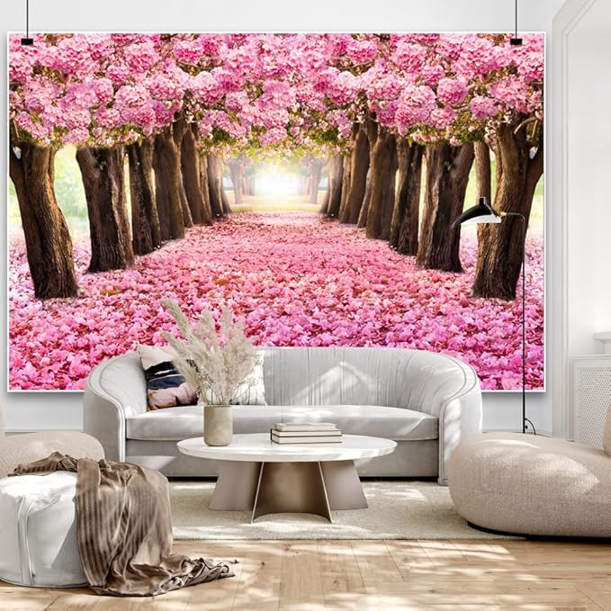 10x8ft Spring Pink Flower Trees Cherry Blossom Floral Petal Romantic Mother's Day Photography Background for Wedding Women's Day Baby Shower Spring Tea Party Decor