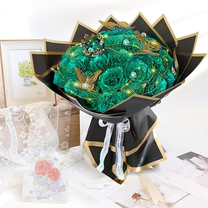 Dark Green Glitter Roses Bouquet, 36 Pcs Shiny Glitter Flowers Bouquet, Everlasting DIY Artificial Roses Bouquet for Christmas, Birthday, Anniversary, Wedding, Engagement