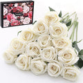 Cloudecor 15Pcs White Roses Artificial Flowers Fake Roses Long Stem Velet Rose Silk Flowers for Home Wedding Decoration (Round Roses,Cream White)