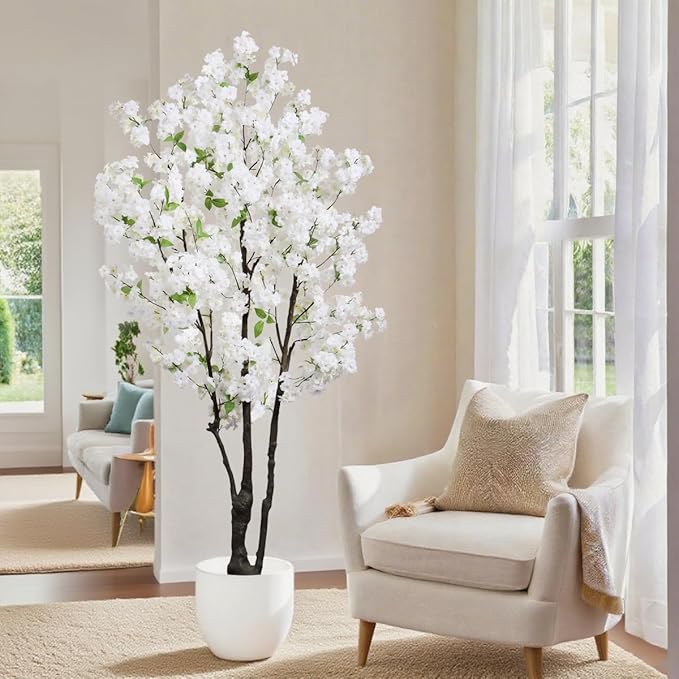 Faux Cherry Blossom Tree White Artificial Flower Tree Indoor Cherry Blossom Tree 6 FT for Room Decor