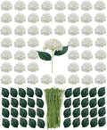 Artificial White Hydrangea Flowers with Leaves, 50 Pack, 6 Inch Silk Flower Heads, DIY Mother's Day Wedding Decor Set with 100 Leaves, 50 Stems