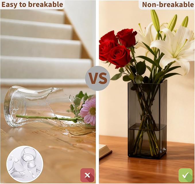 Acrylic Square Flower Vase, Non-breakable Vase, 4" x 4" x 10" Tall Grey Vases for Flower, Large Cube Floral Plant Container, Planter Terrarium for Wedding Party Event, Home Office Decor
