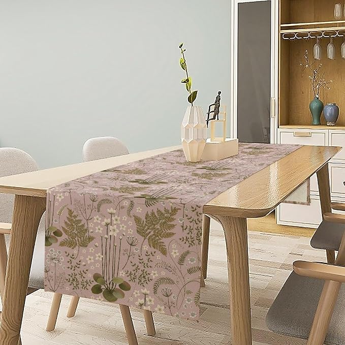 Spring Floral Table Runner, Rustic Retro Field Herbal Plant Purple Pink Wildflower Country Natural Floral Fern Print Table Cover for Indoor Outdoor Dinner Party Decor, 13x108inch