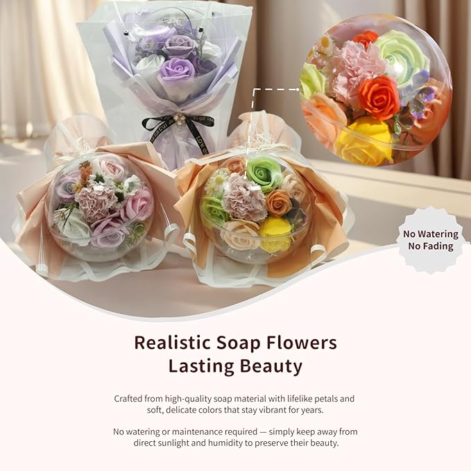 Soap Flowers Bouquet, Artificial Flowers in Gift Box with Gift Bag & Greeting Card, Balloon-Style Acrylic Design, Freestanding Display for Mother’s Day Birthday Anniversary, Purple