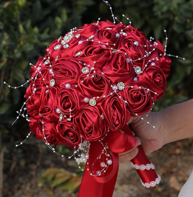 Bridal Wedding Bouquet Round Bling Brooch Bouquet Throw Toss Artificial Rose Flower Bunch for Bride Bridesmaid Wedding Quinceanera(Ruby Red, 6.3")