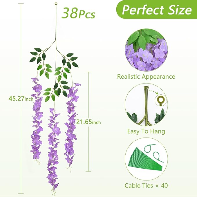 Yastouay 38 Pcs Wisteria Hanging Flowers, 3.77 Ft/Pcs Artificial Hanging Flowers, Purple Fake Wisteria for Wedding Party Ceremony Backdrop Home Decoration