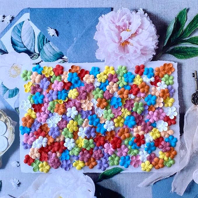 200 Pcs Handmade Mulberry Paper Stephania Venosa Flowers Petals 15x15 mm Scrapbooking Wedding DIY Craft Supplies Card Artificial Flowers (Mixed 10 Colors)