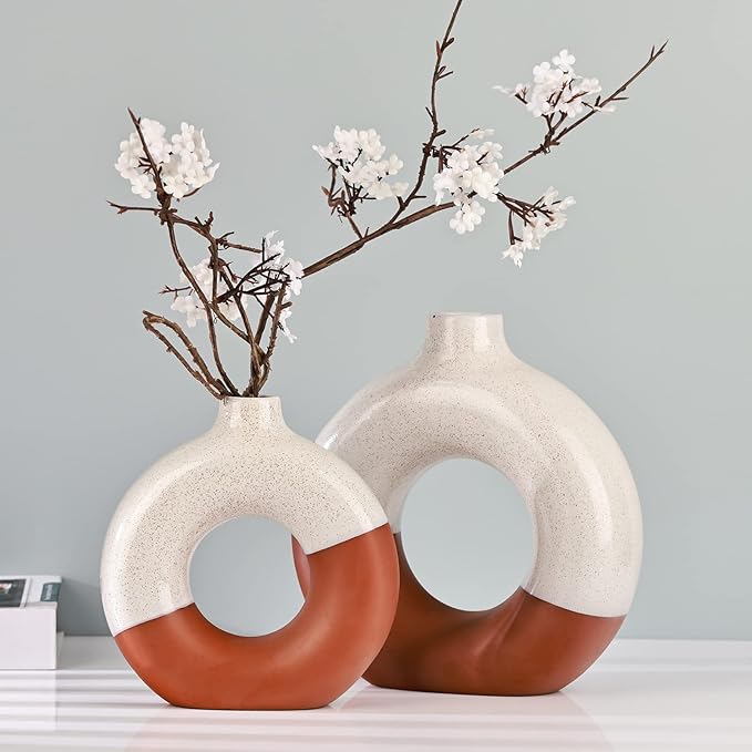Terracotta Vase Decor Donut Vase Set of 2 - Circle Hollow Vases, Modern Matte Ceramic Vases for Entryway Living Room Bedroom Dining Table Centerpiece Office Home Decor