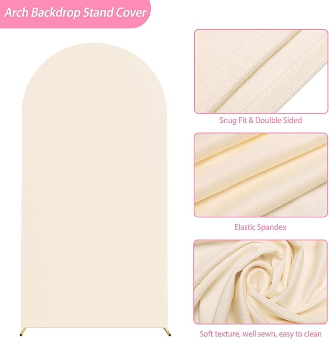 Putros 6.6ft Metal Arch Stand with Cover Beige Spandex Fitted Wedding Arch Cover and Round Top Chiara Backdrop Stand Set for Birthday Party Baby Shower Decoration