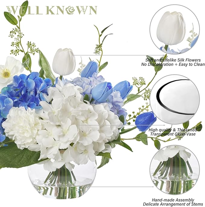 WELL KNOWN Artificial Flowers with Vase, Silk Hydrangea Bouquet and Peonies Artificial Flowers Table Centerpieces with Faux Water for Home Decor Fake Tulips Flower Arrangements for Table Decor (Blue)
