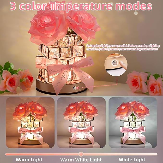 Rose Flower Lamp,Rechargeable Cordless Touch Table Lamp for Bedroom,3-Colour Dimming Small Night Light,Crystal Bedside Lamps with USB Charge,Birthday Christmas Gifts for Women,Mom (Rose Flower Lamp)