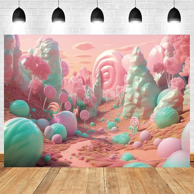7x5ft Candyland Backdrop Pink and Teal Lollipop Photography Background Fairytale Kingdom Candy Sweet Girl Princess Birthday Banner Decorations Newborn Baby Shower Portrait Photo Booth Prop