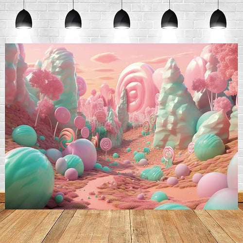 10x7ft Candyland Backdrop Pink and Teal Lollipop Photography Background Fairytale Kingdom Candy Sweet Girl Princess Birthday Banner Decorations Newborn Baby Shower Portrait Photo Booth Prop