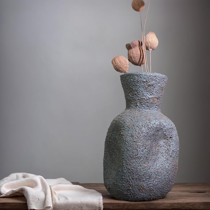 Rustic Textured Clay Vase - 7IN Rustic Ceramic Vase Vintage Farmhouse Style Decor, Circle Wabi Sabi Vases for Farmhouse Home Decor, Decor Living Room, Table, Shelf(Black)