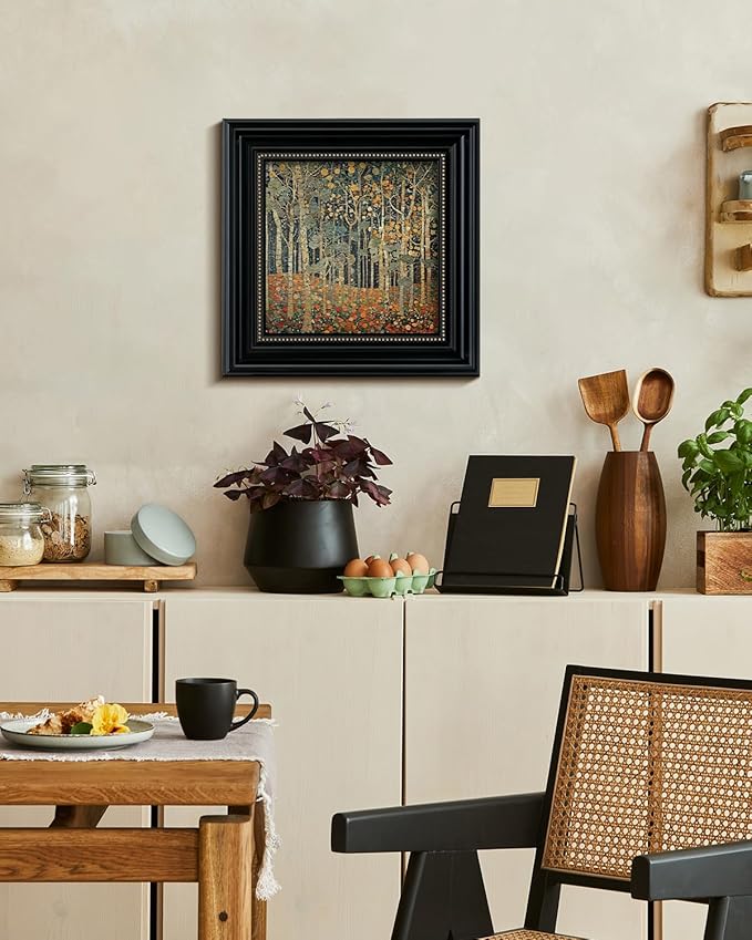 Vintage 3D Textured Framed Autumn Forest Wall Art 16x16 Botanical Tree Decorative Painting, Sandstone Surface Landscape Artwork Black Frame Gold Dot, Home Room Bedroom Office Decor