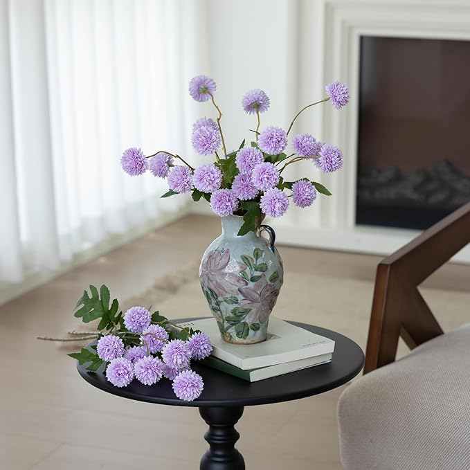 mizii 6Pcs Purple Fake Silk Pompon Mum Artificial Flowers Bulk Small Faux Chrysanthemums with Stems Realistic Floral Decorations for Wedding DIY Bouquet Centerpieces Shower Vase Home Decor (Purple)