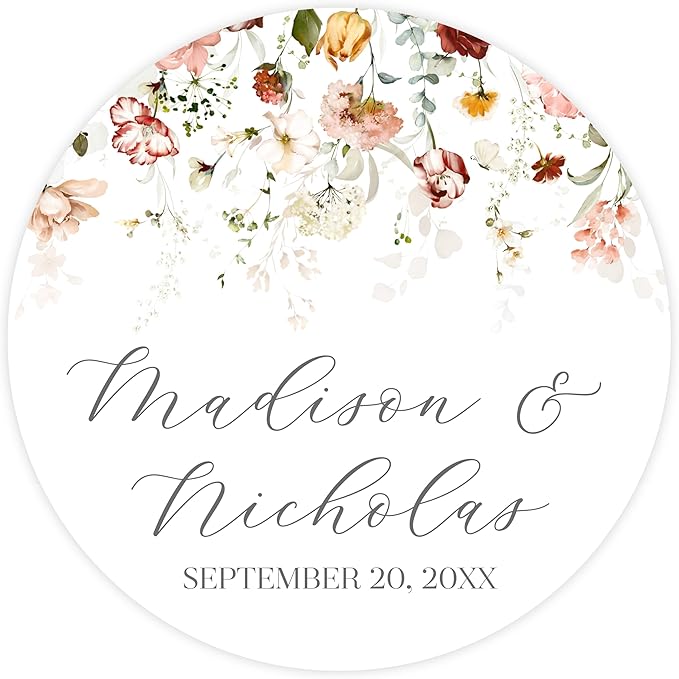 Personalized Floral Wedding Stickers with Your Choice of 30 Flower Styles - Choose Font and One of Five Pre-made Phrases or Add Custom Text (012 - Muted Colorful Flowers)