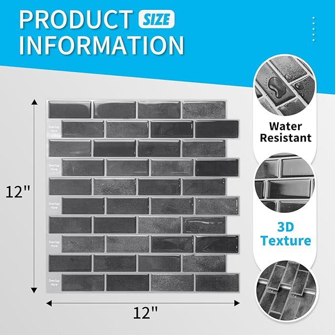 Art3d 10-Sheet Kitchen Backsplash Tiles Peel and Stick, Self Adhesive Wall Tile Sticker for Kitchen Island Bathroom Laundry Room RV Renter 12" x 12" - Smoky Black
