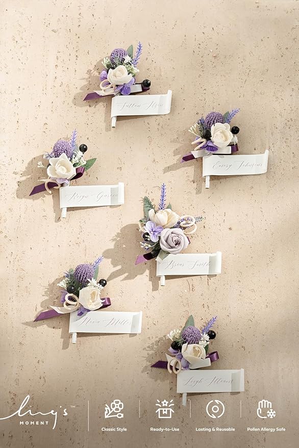 Ling's moment Boutonniere for Men, 6pcs Groom Groomsmen Boutonniere, Artificial Flowers for Wedding Decor/Prom/Homecoming, etc.Purple Lavender Lilac