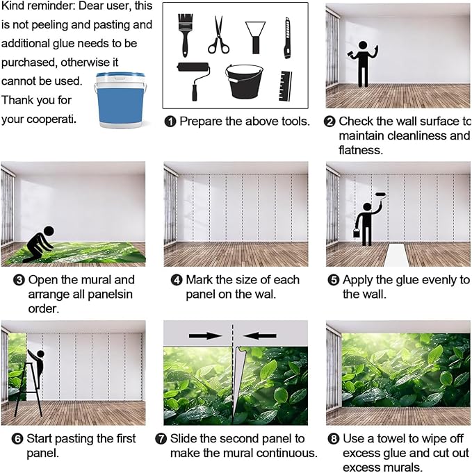 Dewdrops Green Leaf Wall Mural, Botanical Forest Sunlight 3D Wall Murals, Refreshing Nature Wallpaper Mural, for Living Room Bedroom Large Wallpaper Indoor Decor 157.5" W x110.3 H