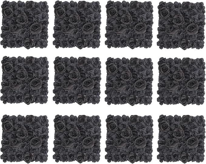 12PCS Artificial Flowers Decoration, Flower Wall Panels, Black Flowers Wall, Stage Background Artificial Flowers Decoration, Silk Rose Flower Panels, Use for Party, Anniversary