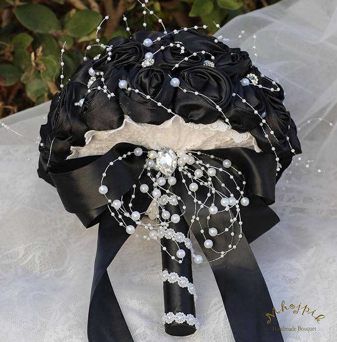 Bridal Wedding Bouquet Round Bling Brooch Bouquet Throw Toss Artificial Rose Flower Bunch for Bride Bridesmaid Wedding Quinceanera(Black, 7.5")
